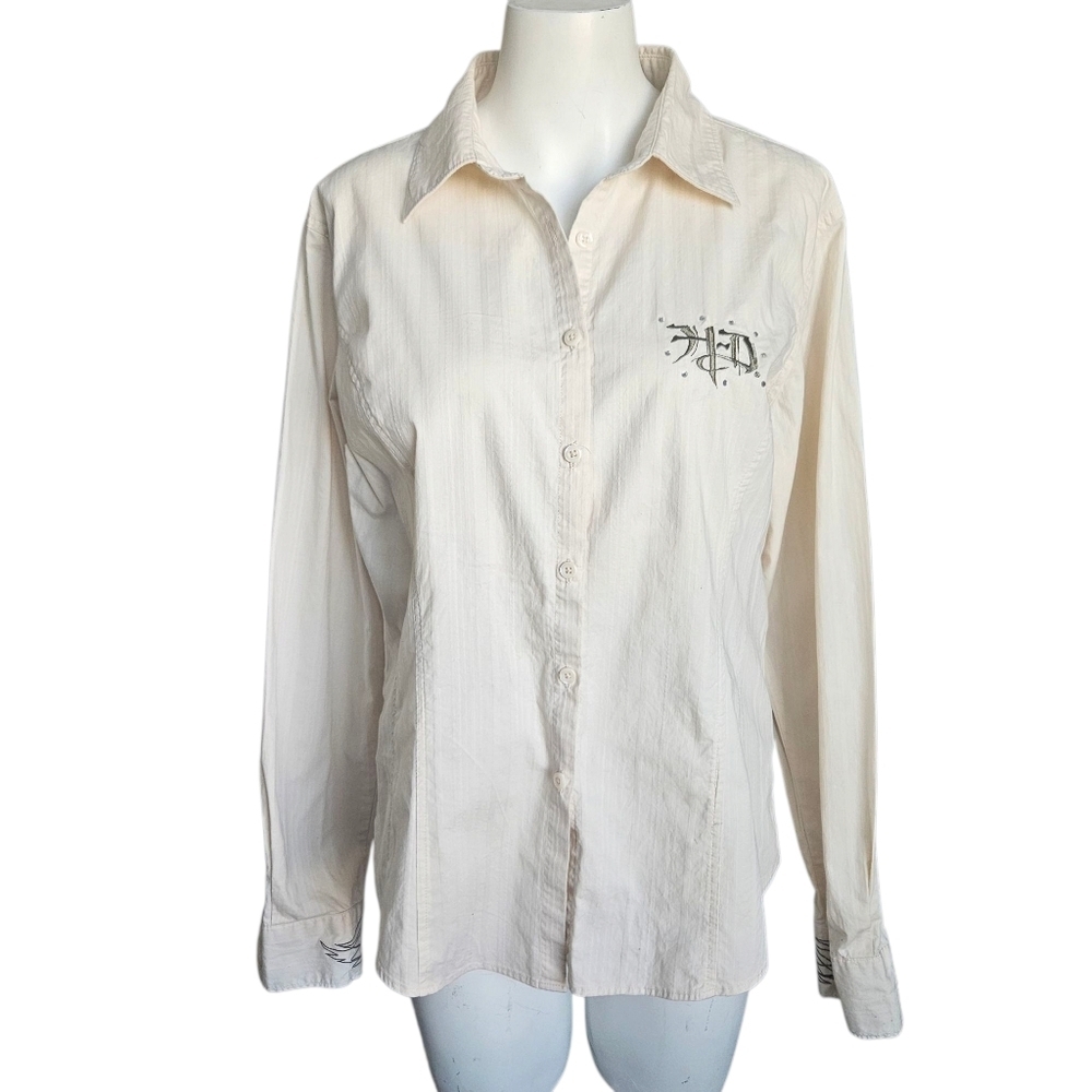 HARLEY DAVIDSON Ladies Vintage Crystal Embroidered Fitted Tan Shirt Size Large